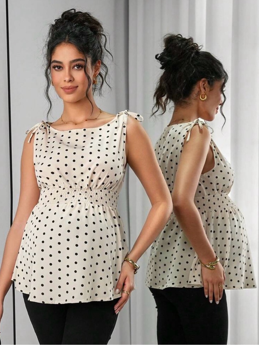 SHEIN Cream Polka Dot Tie Shoulder Maternity Tank